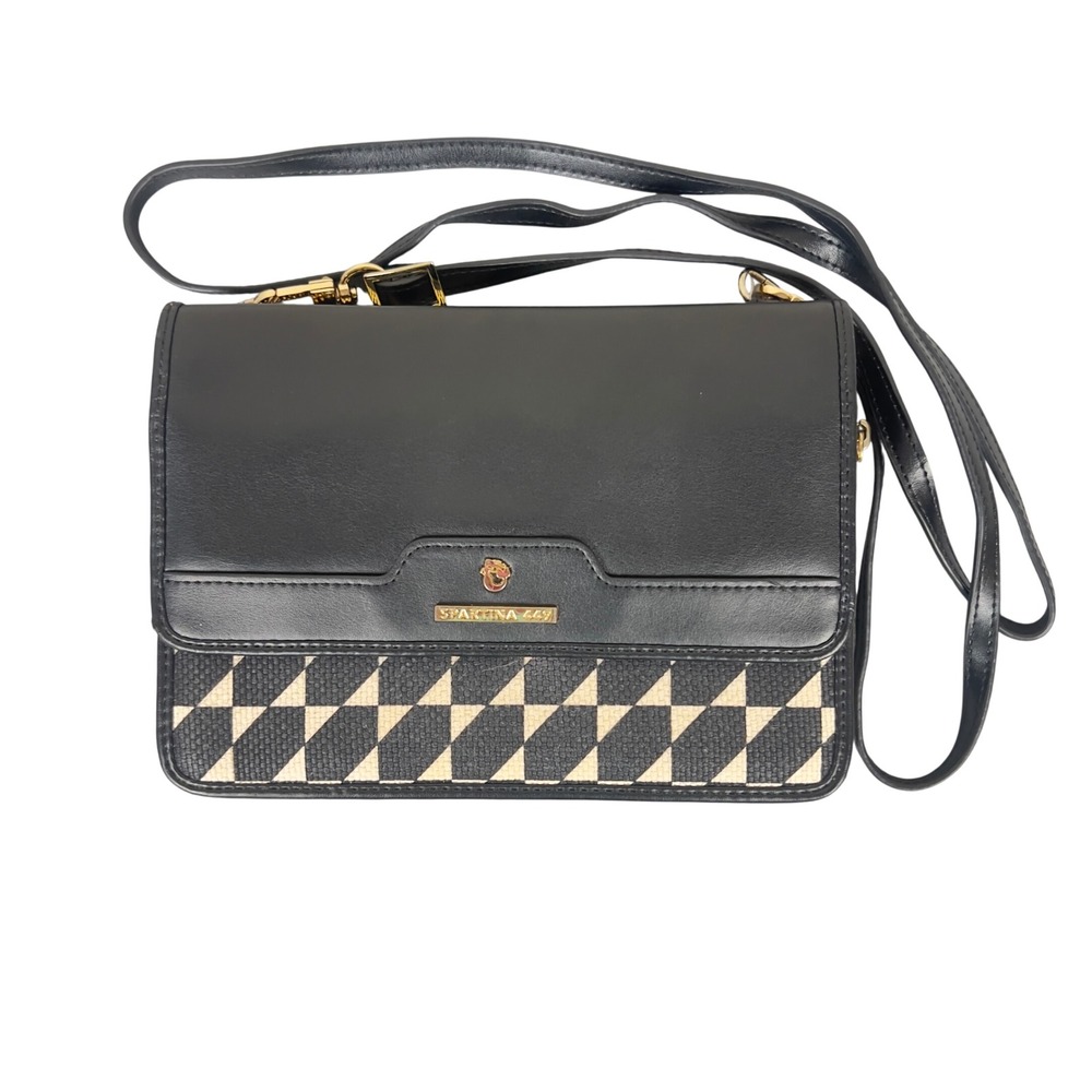 Spartina 449 Crossbody Bag Womens Small Geometric Linen Leather Black Cream Chic